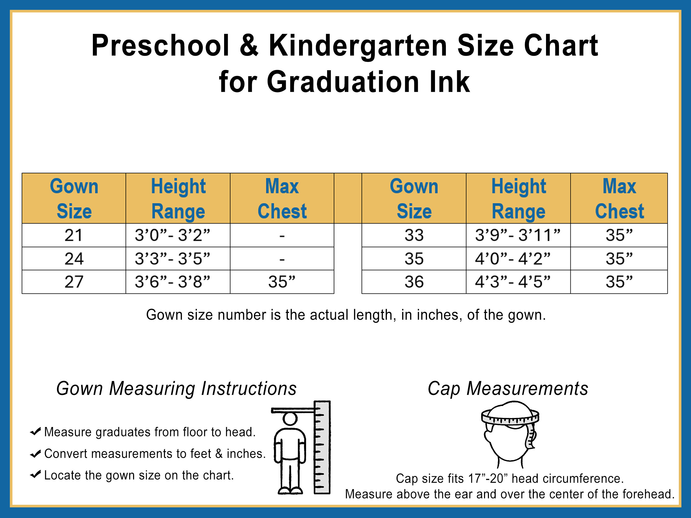 Preschool and Kindergarten Graduation Gown and Cap Measurement Chart